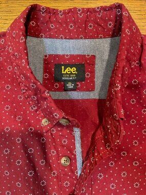 Lee XL Burgundy Geometric Print Cotton Button Down Shirt Long Sleeve Regular Fit